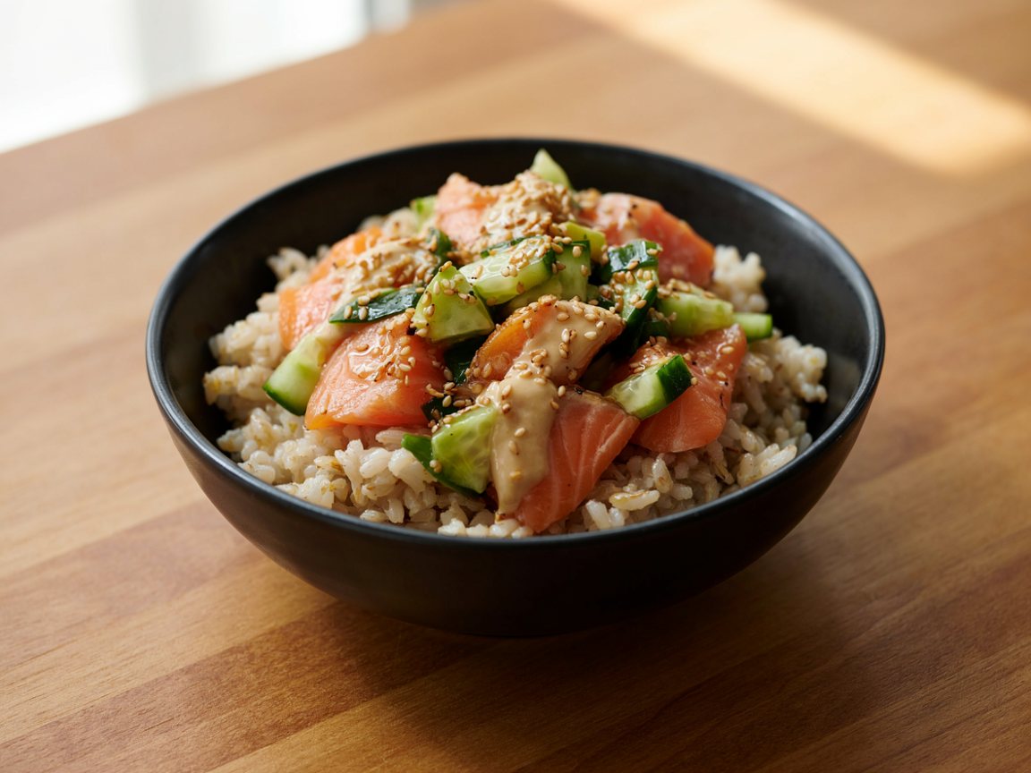 Photo of Salmon Poke Bowl with Avocado and Cucumber