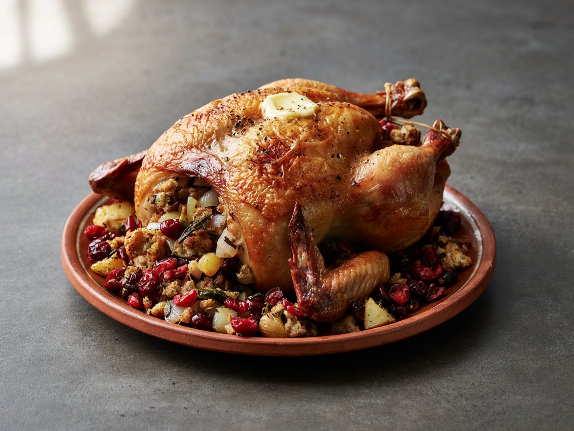 Photo de Christmas Stuffed Roast Chicken with Sage and Cranberry Bread Stuffing